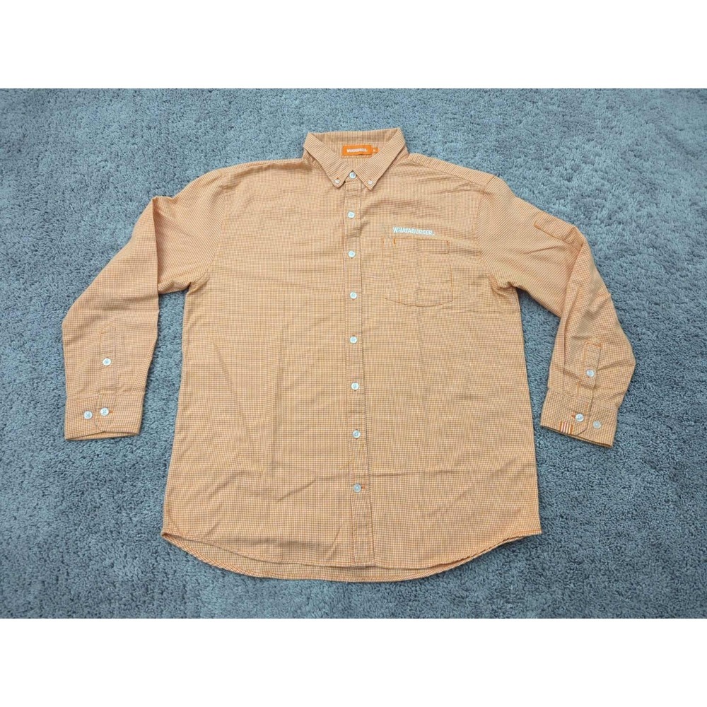 WhatABurger Button Up Shirt Mens Medium Orange Houndstooth‎ Long Sleeve Casual